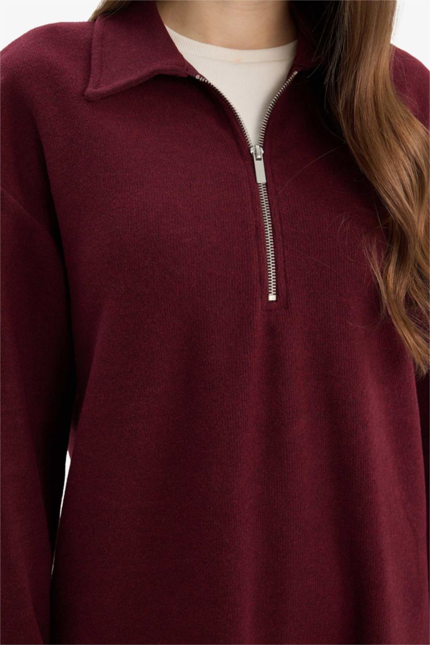 Woman Bordeaux Loose Fit Zippered Polo Collar Basic Midi Dress