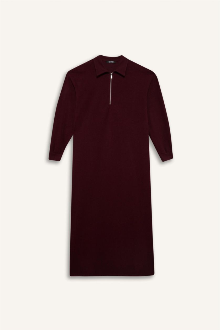Woman Bordeaux Loose Fit Zippered Polo Collar Basic Midi Dress