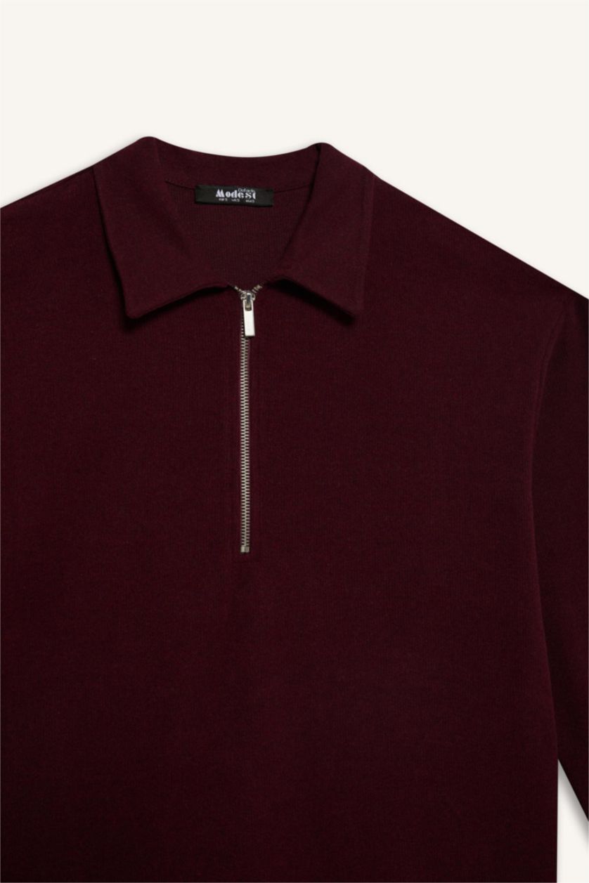 Woman Bordeaux Loose Fit Zippered Polo Collar Basic Midi Dress