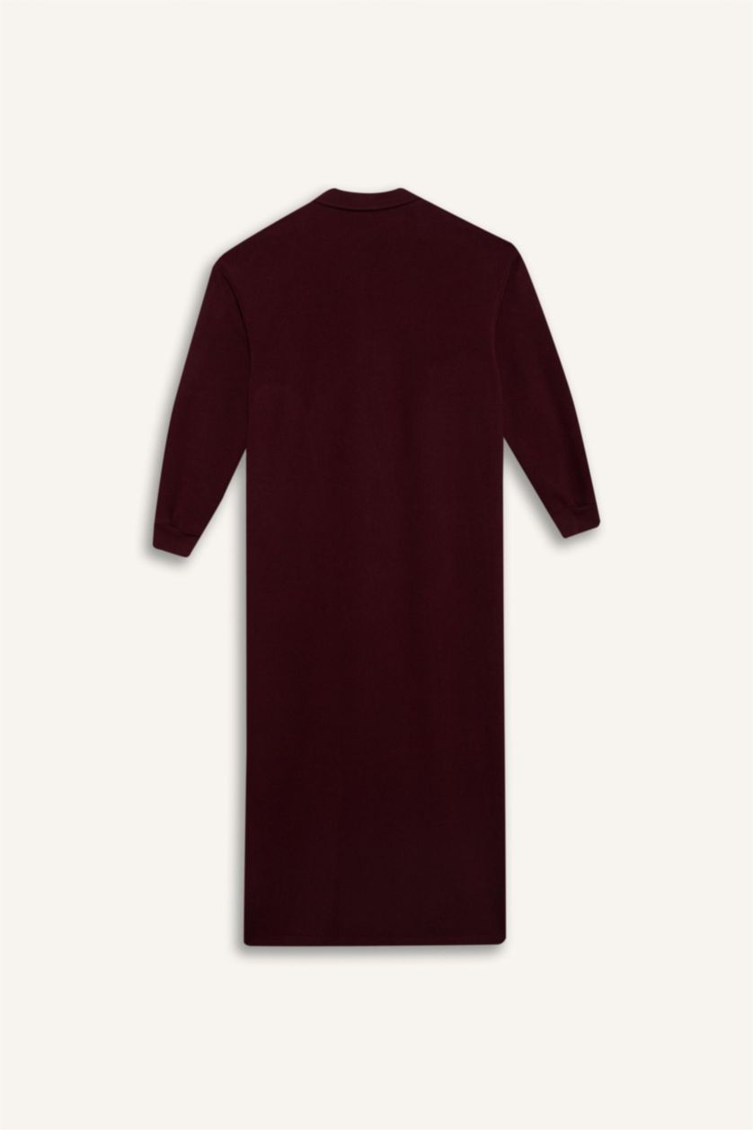 Woman Bordeaux Loose Fit Zippered Polo Collar Basic Midi Dress