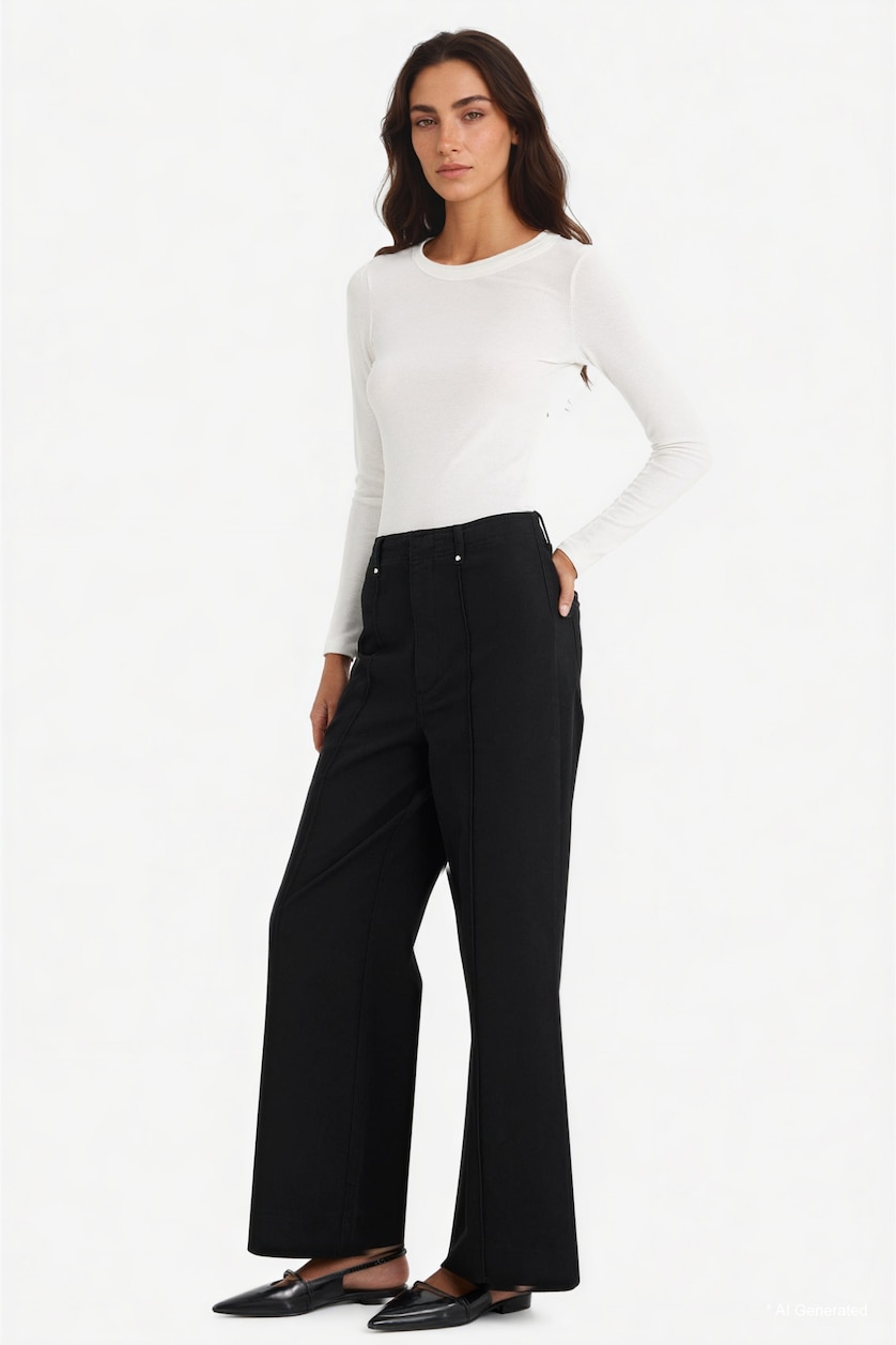 Women Black Wide Leg With Pockets Gabardine Trousers