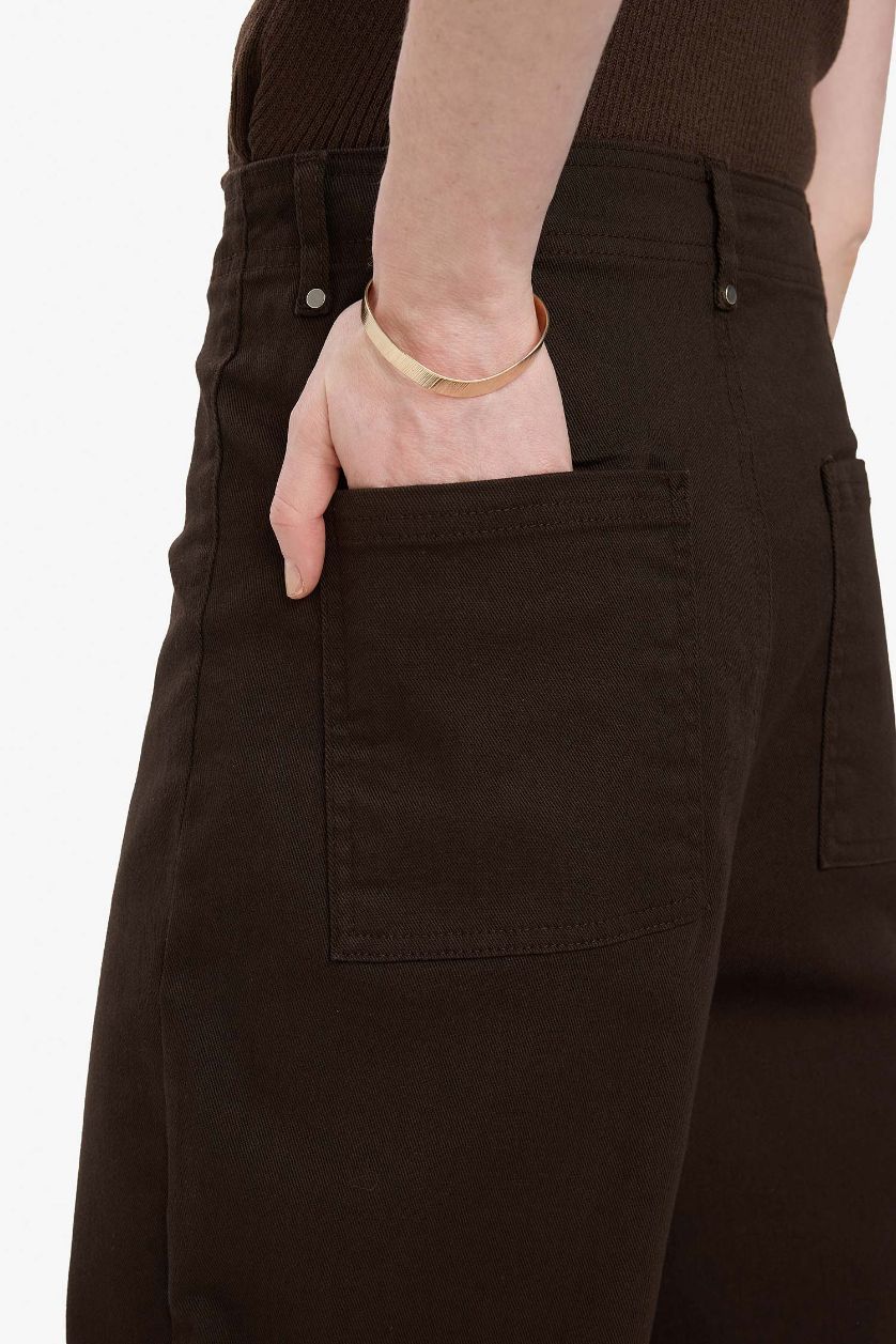 Kadın Kahve Wide Leg Gabardin Kumaş Palazzo Pantolon Cepli Yüksek Bel Geniş Paça