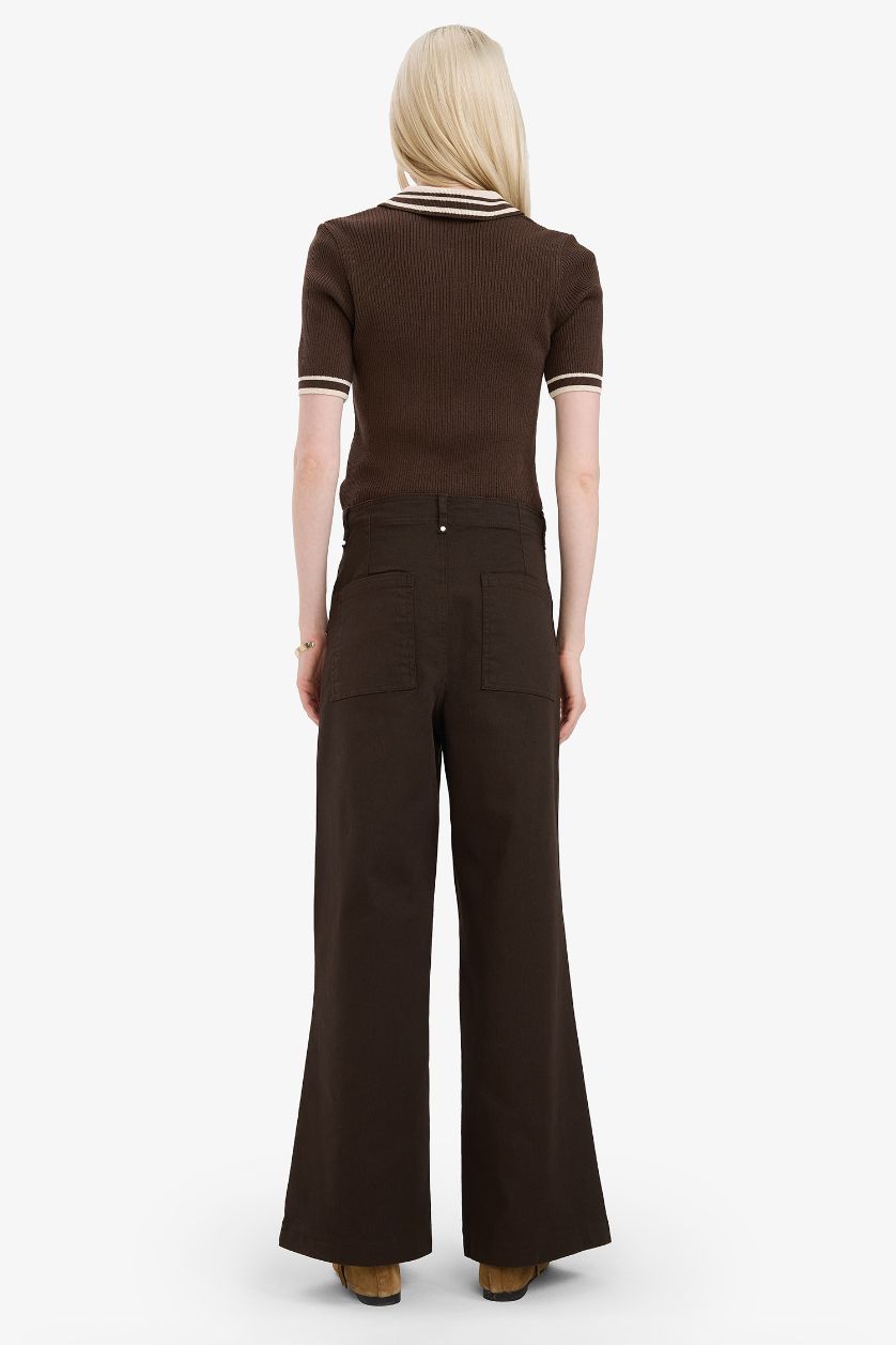 Kadın Kahve Wide Leg Gabardin Kumaş Palazzo Pantolon Cepli Yüksek Bel Geniş Paça