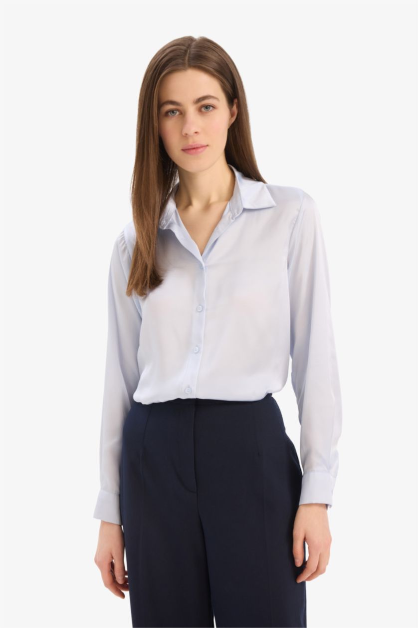 Kadın Mavi Oversize Geniş Kalıp Desenli Oxford Uzun Kollu Gömlek