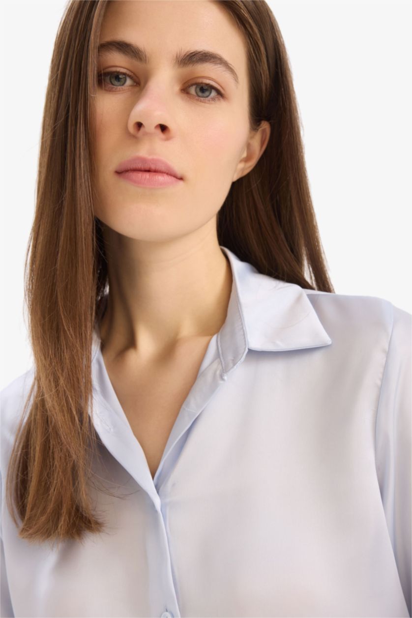 Kadın Mavi Oversize Geniş Kalıp Desenli Oxford Uzun Kollu Gömlek