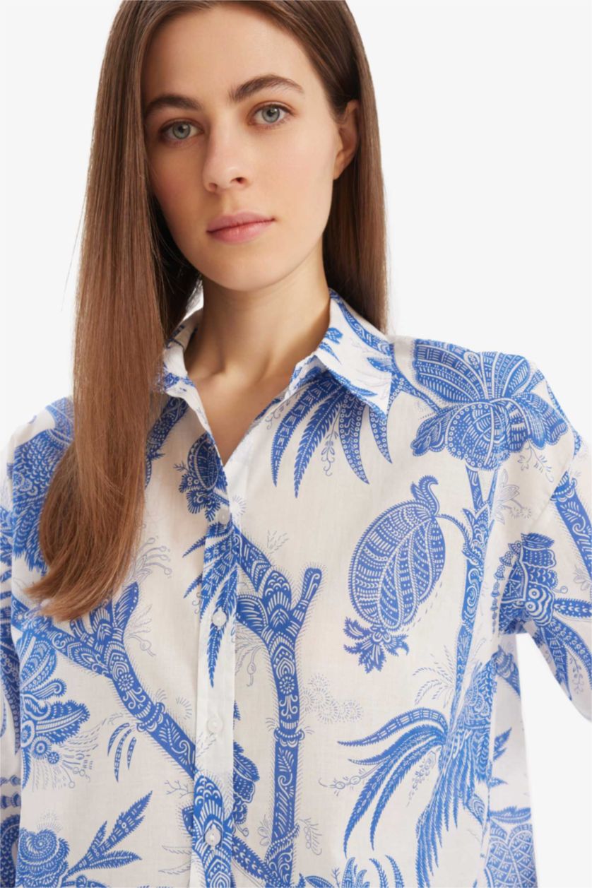 Kadın Mavi Oversize Geniş Kalıp Desenli Oxford Uzun Kollu Gömlek