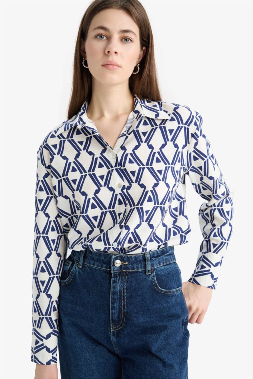 Woman NAVY Oversize Fit Shirt Collar Printed Long Sleeve Shirt
