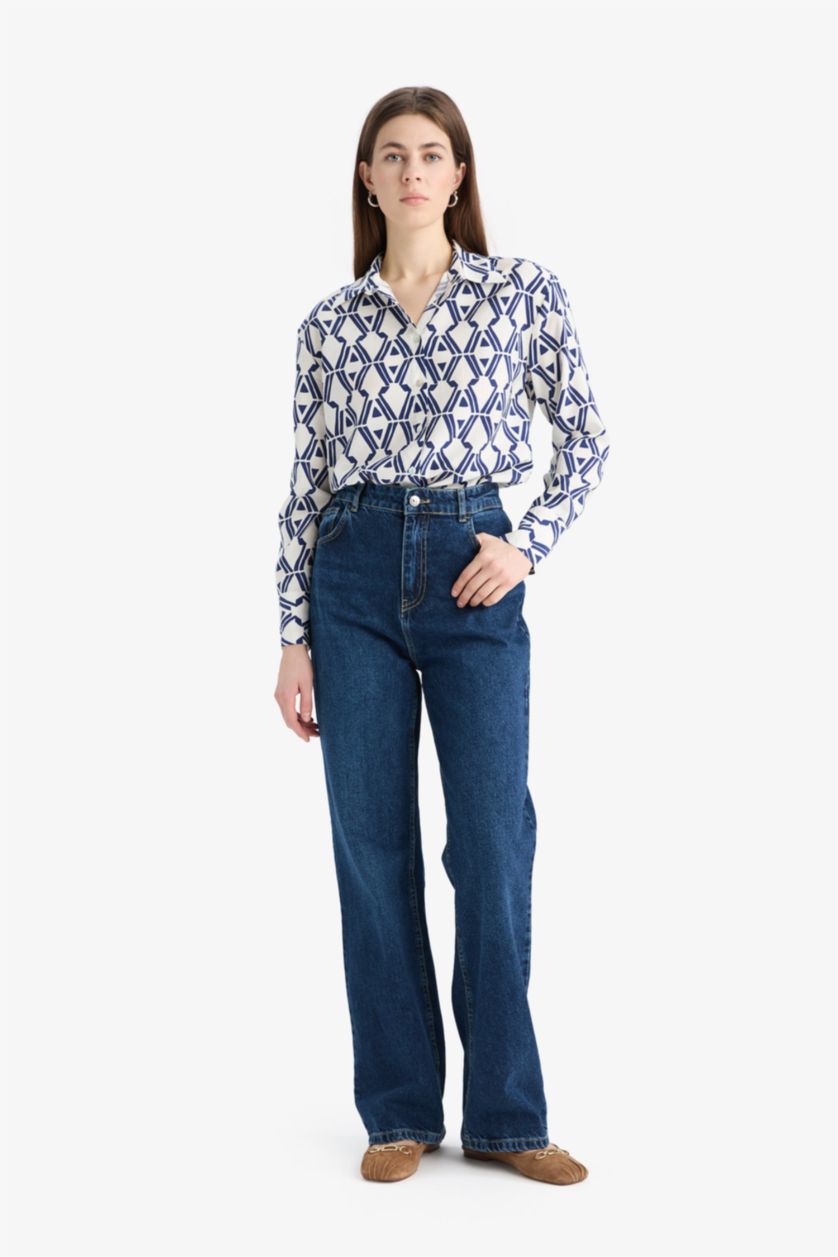 Woman NAVY Oversize Fit Shirt Collar Printed Long Sleeve Shirt