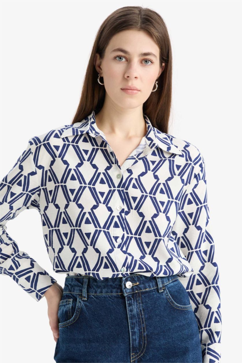 Woman NAVY Oversize Fit Shirt Collar Printed Long Sleeve Shirt