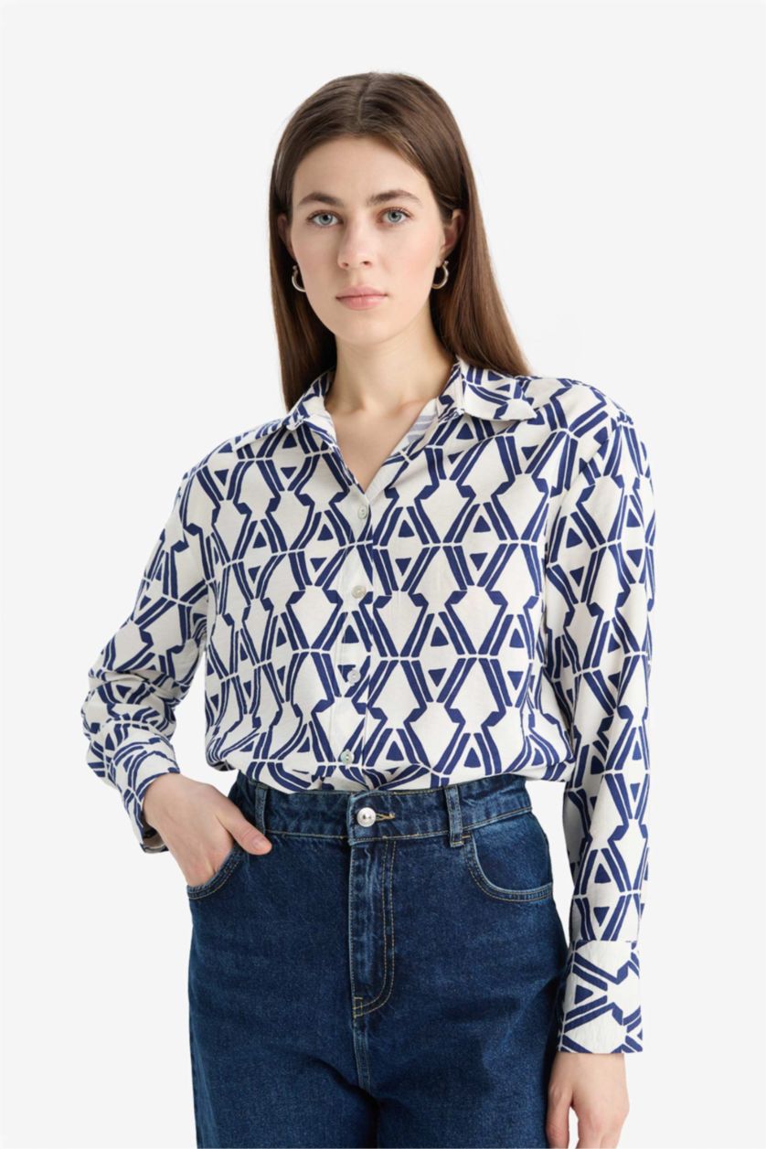 Woman NAVY Oversize Fit Shirt Collar Printed Long Sleeve Shirt