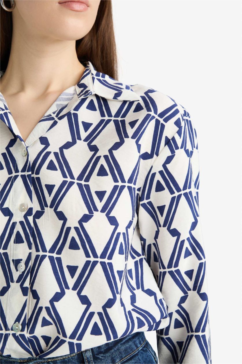 Woman NAVY Oversize Fit Shirt Collar Printed Long Sleeve Shirt