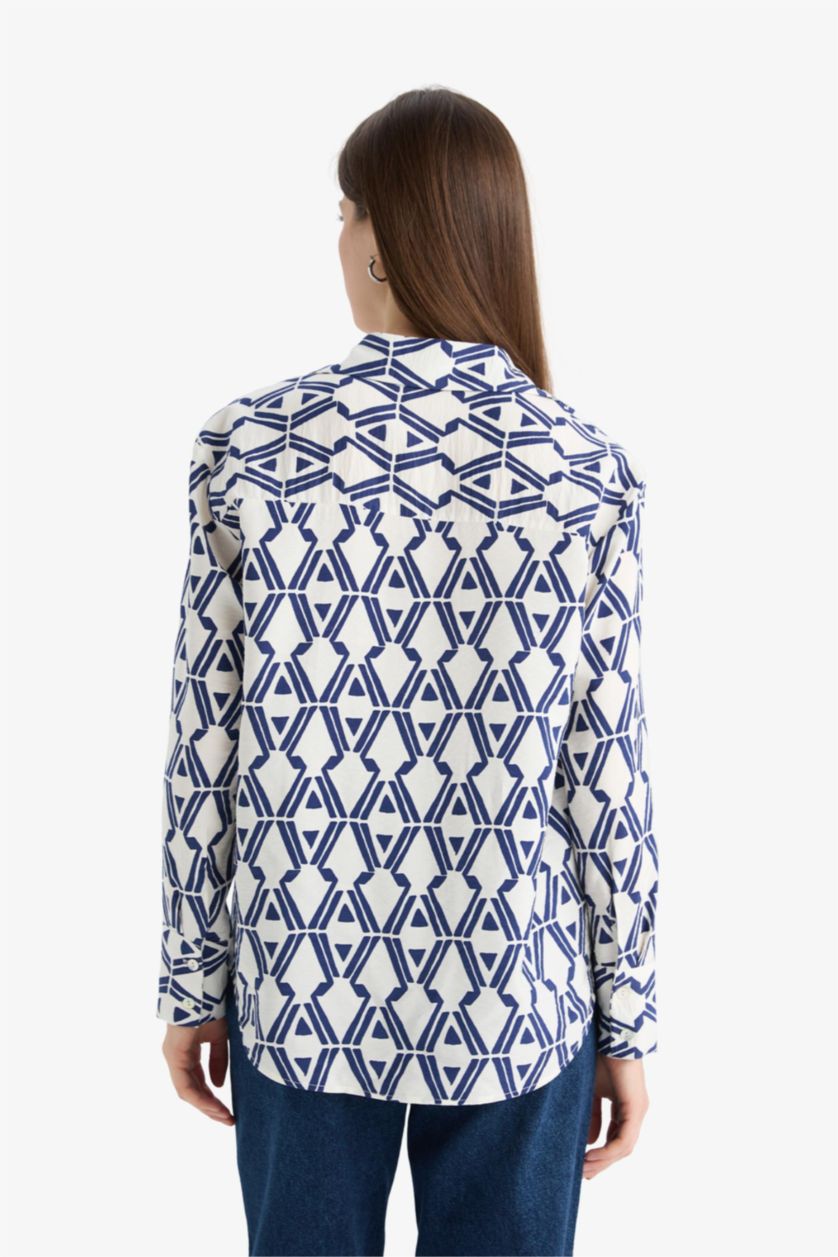 Woman NAVY Oversize Fit Shirt Collar Printed Long Sleeve Shirt