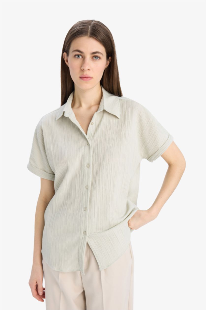 WOMAN Light Mint Regular Fit Shirt Collar Short Sleeve Shirt