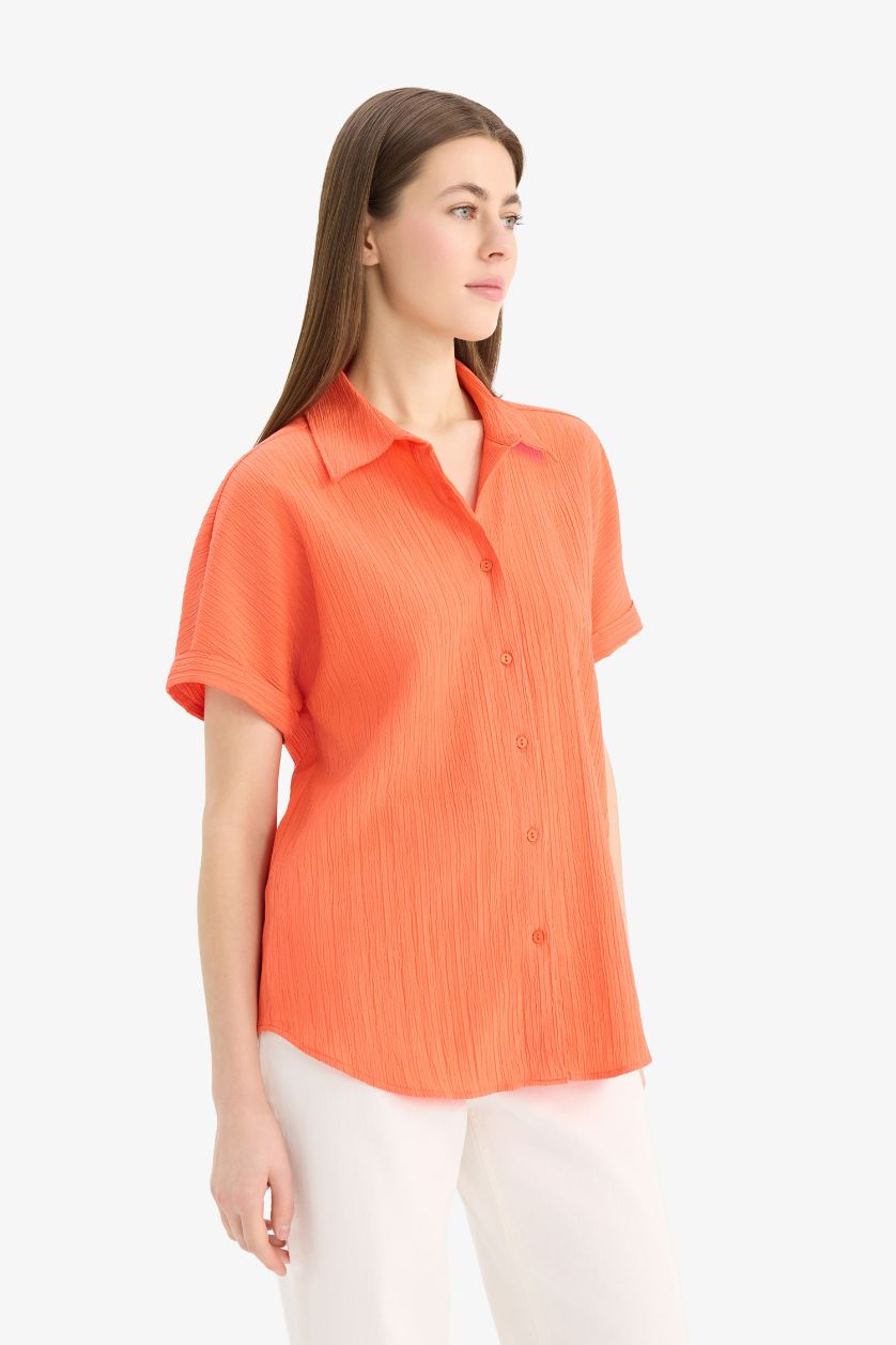 حريمي برتقالي قميص منسوج نص كم قصة عادية