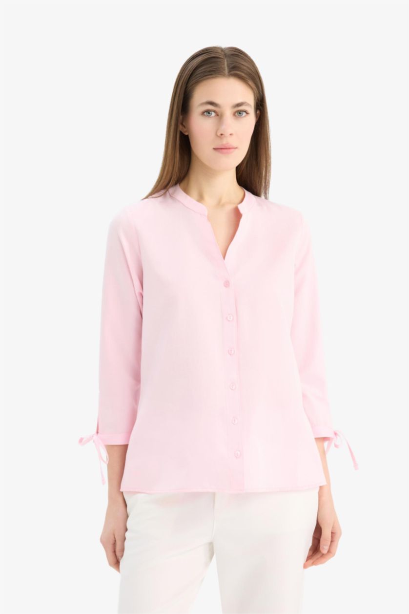 Woman Light Pink Regular Fit Shirt Collar Poplin Long Sleeve Shirt