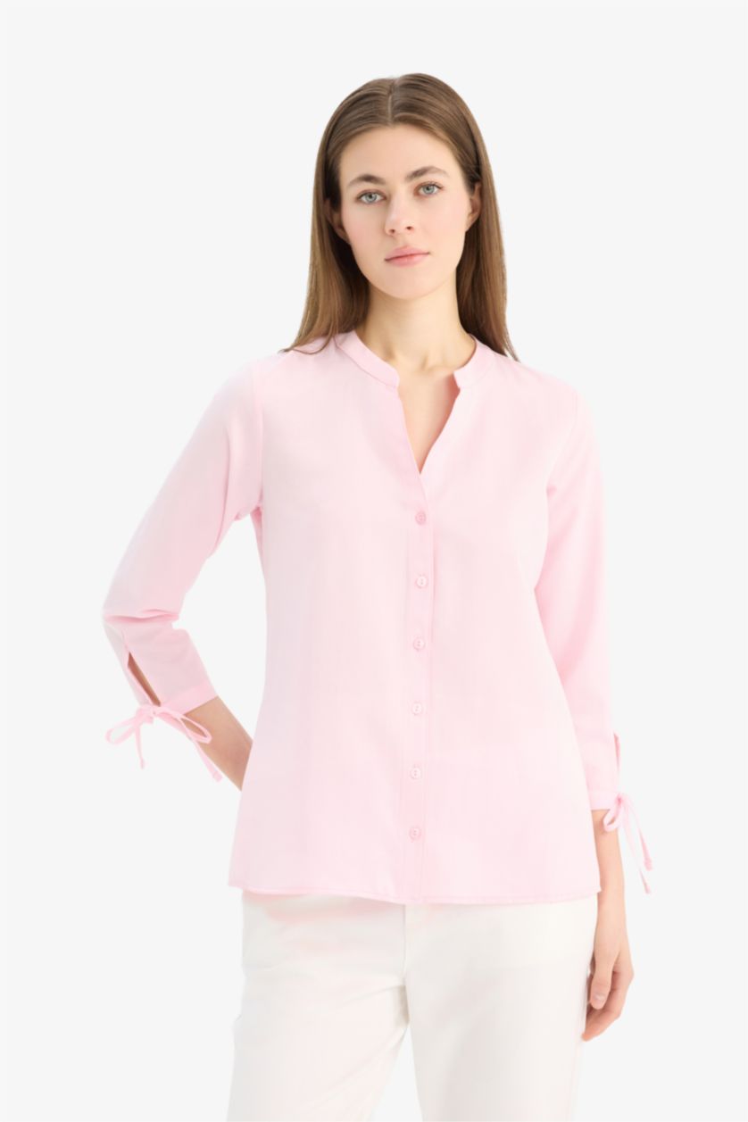 Woman Light Pink Regular Fit Shirt Collar Poplin Long Sleeve Shirt