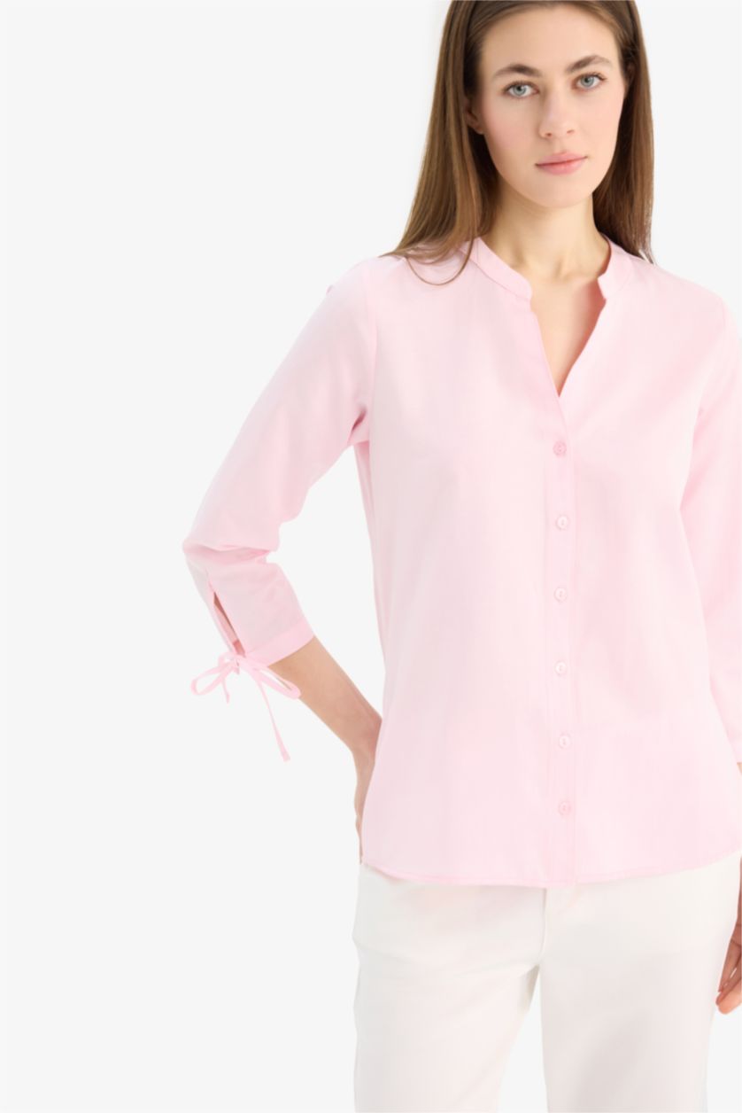 Woman Light Pink Regular Fit Shirt Collar Poplin Long Sleeve Shirt