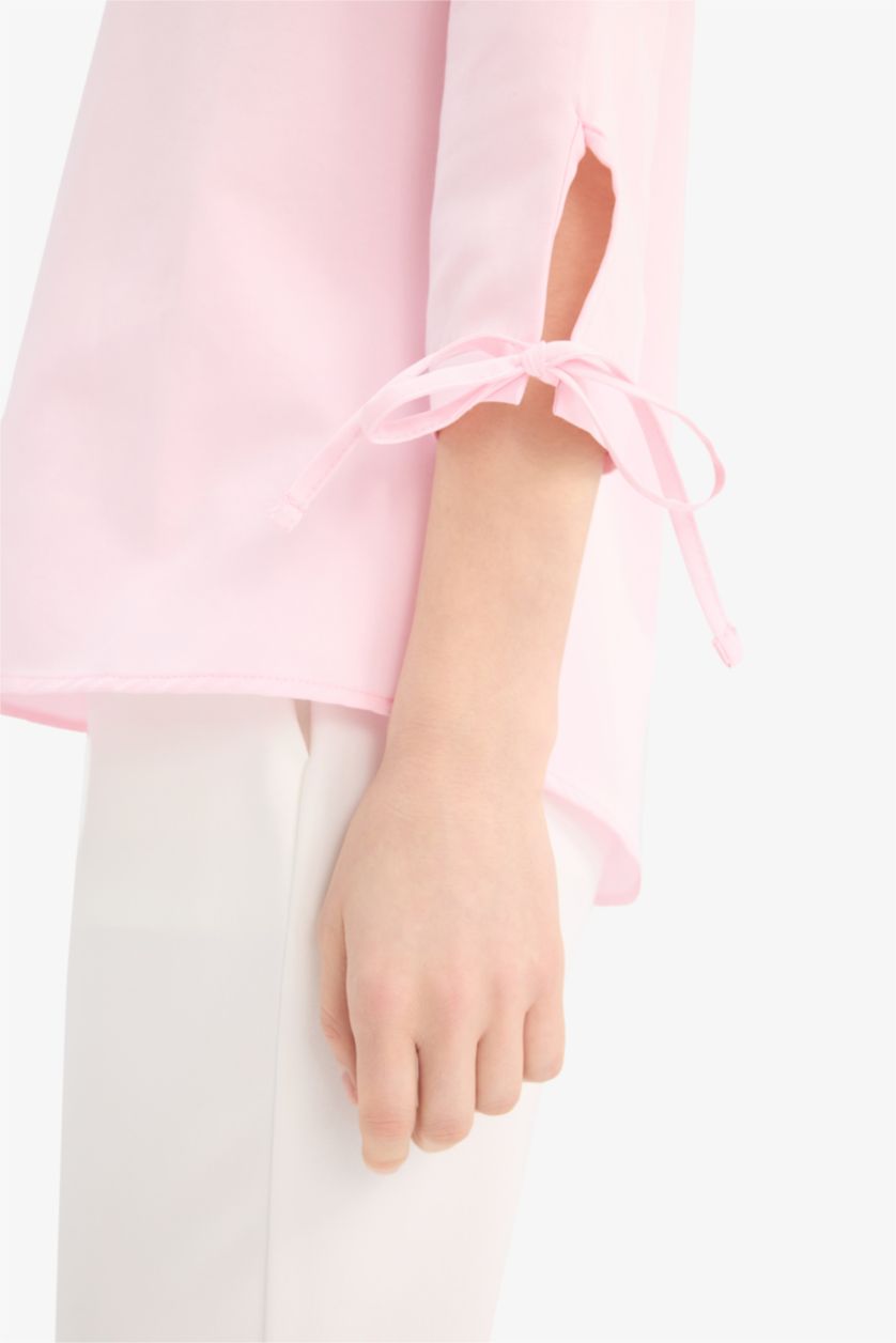 Woman Light Pink Regular Fit Shirt Collar Poplin Long Sleeve Shirt