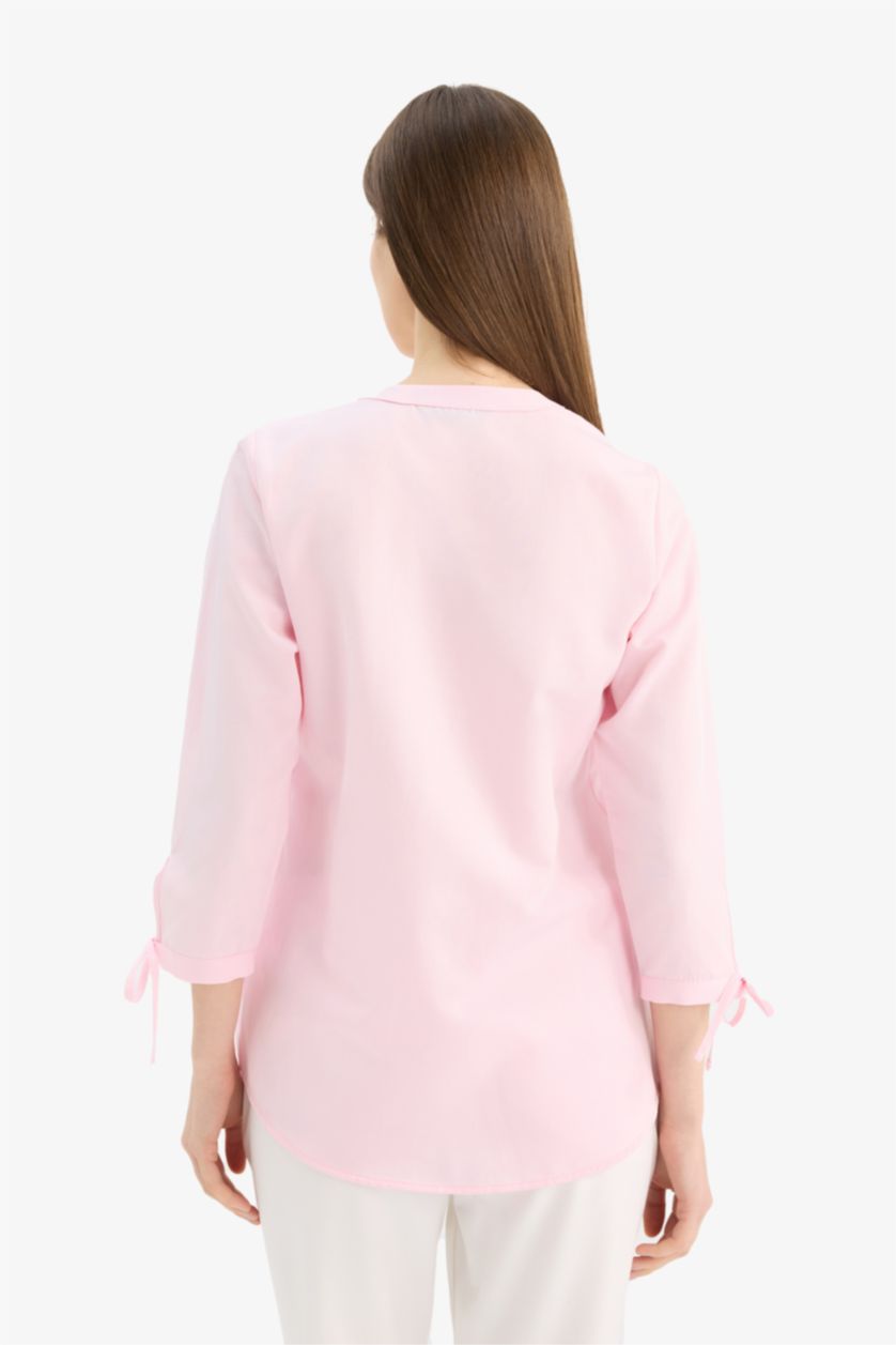 Woman Light Pink Regular Fit Shirt Collar Poplin Long Sleeve Shirt