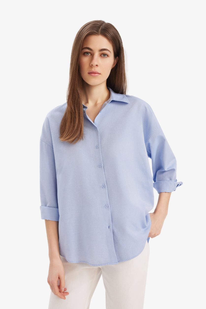 Kadın Kırık Beyaz Oversize Geniş Kalıp Desenli Vual Uzun Kollu Gömlek