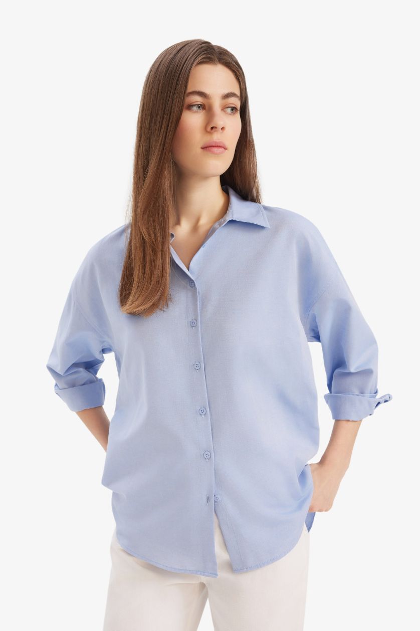 Kadın Kırık Beyaz Oversize Geniş Kalıp Desenli Vual Uzun Kollu Gömlek