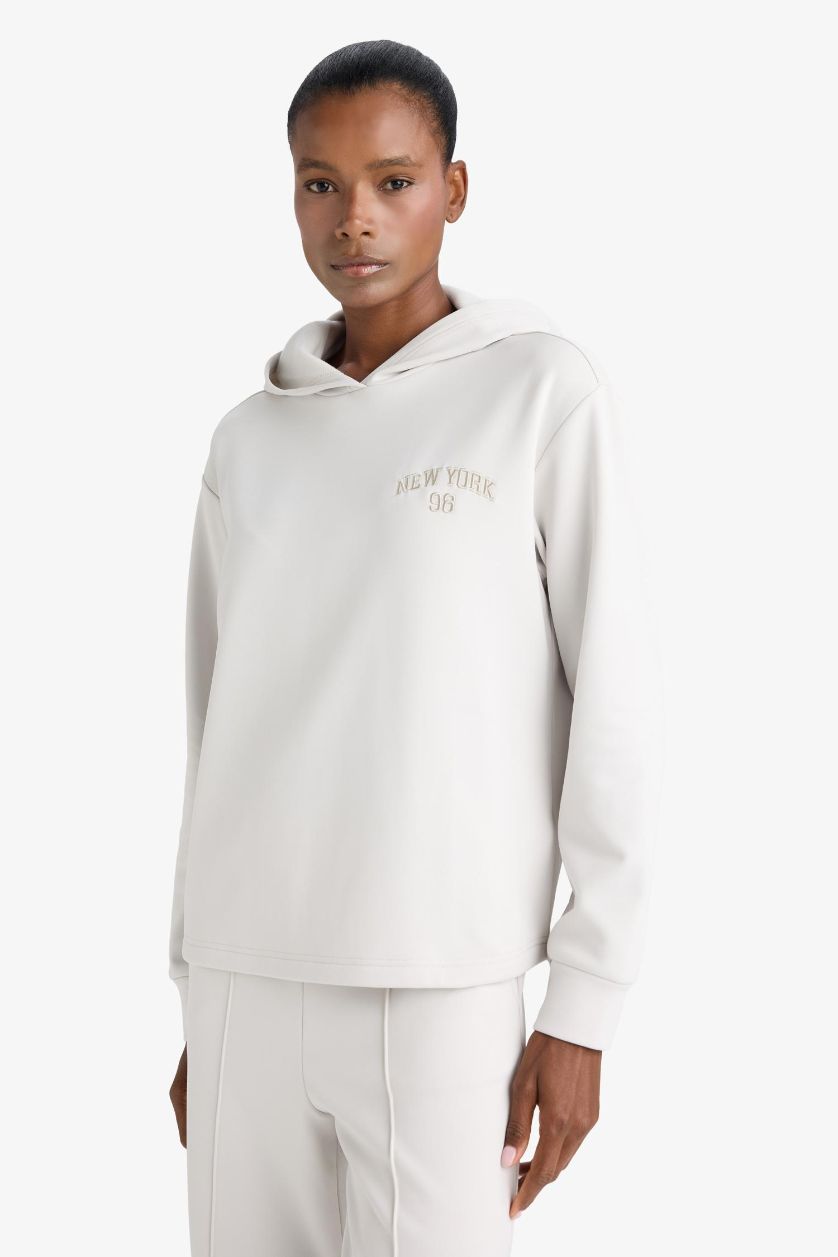 WOMAN Stone DeFactoFit Standard Fit Hooded Printed Scuba Fabric Sports Sweatshirt