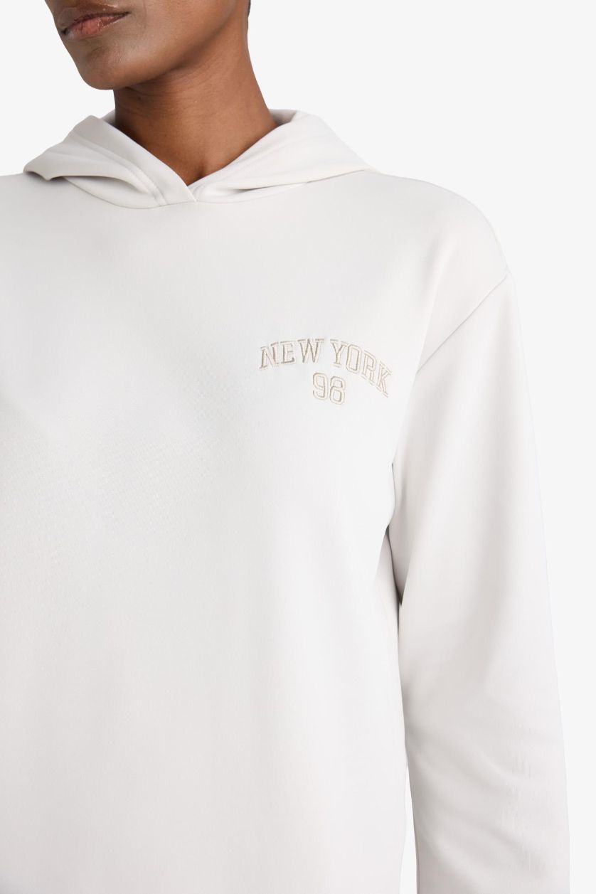 WOMAN Stone DeFactoFit Standard Fit Hooded Printed Scuba Fabric Sports Sweatshirt