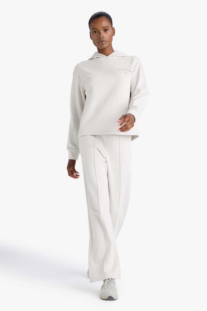 حريمي اللون الحجري بنطلون رياضي قماش سكوبا وايد ليج برجل واسع ببطانة ناعمة من DeFactoFit