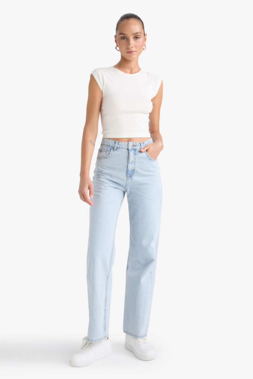 Woman Light Blue 90's Wide Leg High Waist Long Jeans