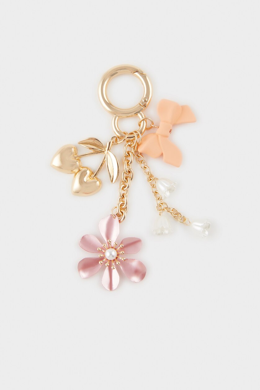 Kadın Pembe Kadın Çiçekli Kalp Detaylı Gold Charm Anahtarlık