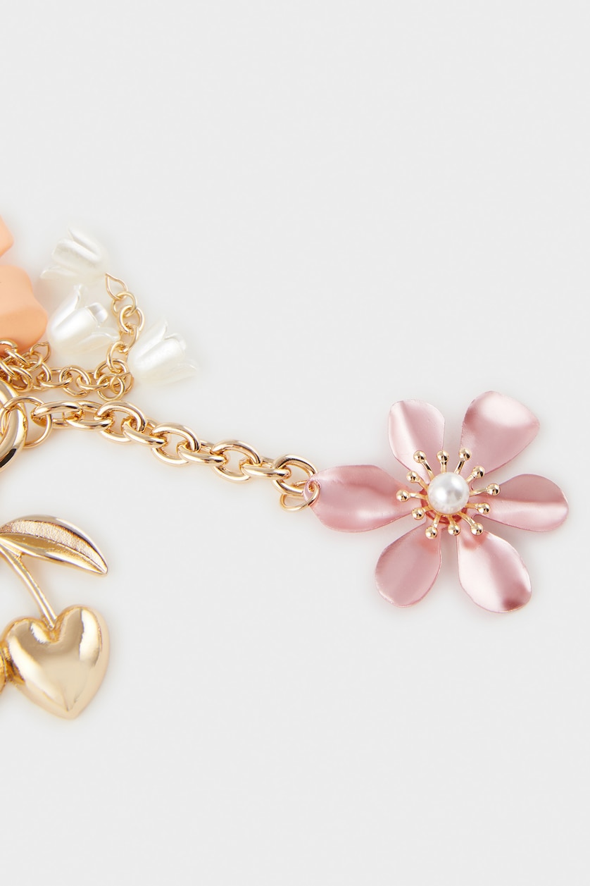 Kadın Pembe Kadın Çiçekli Kalp Detaylı Gold Charm Anahtarlık