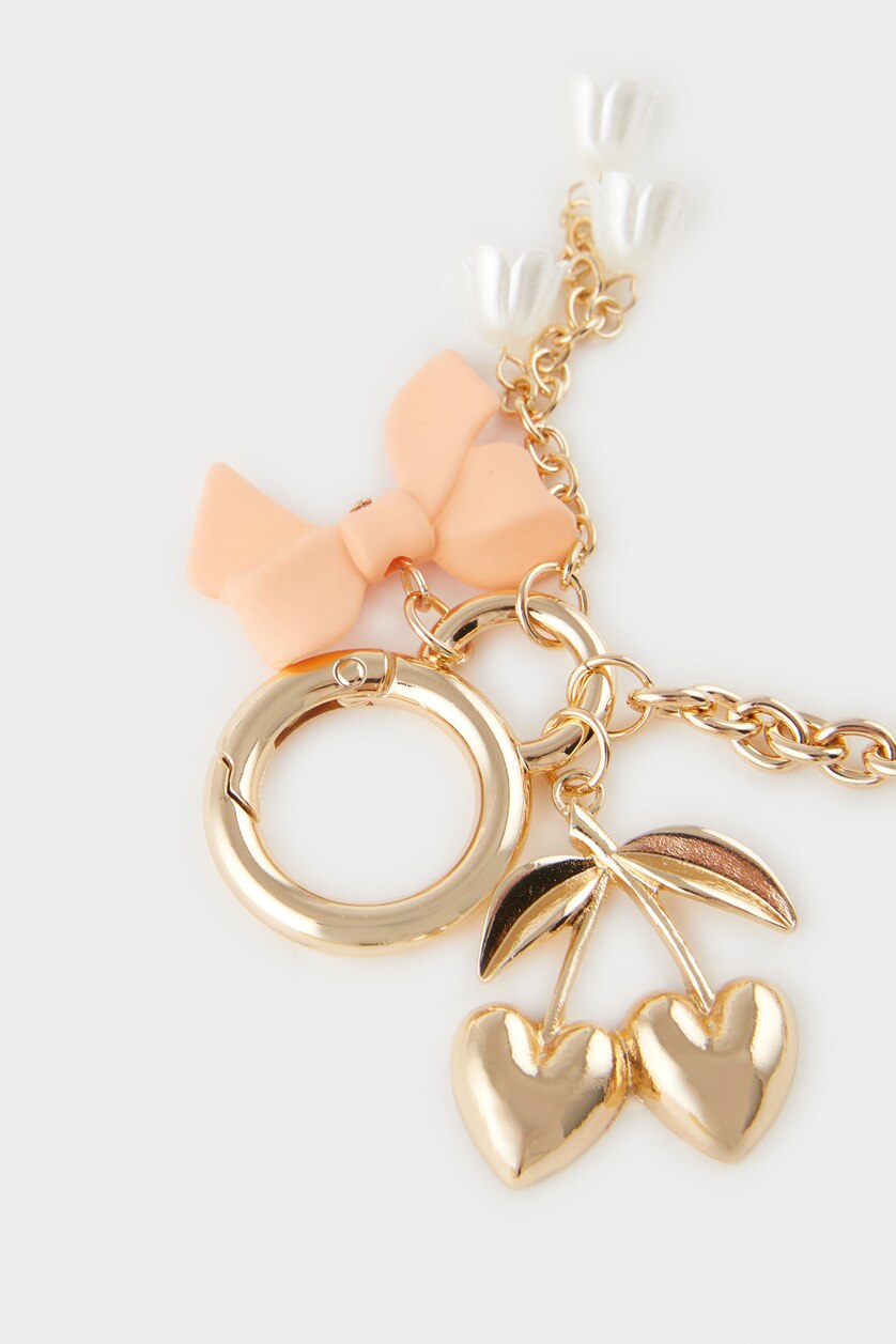 Kadın Pembe Kadın Çiçekli Kalp Detaylı Gold Charm Anahtarlık