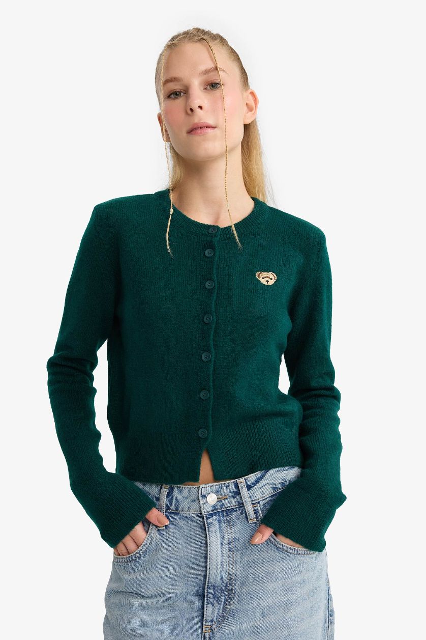 نساء أخضر جاكيت صوف سليم فيت بياخة مستديرة