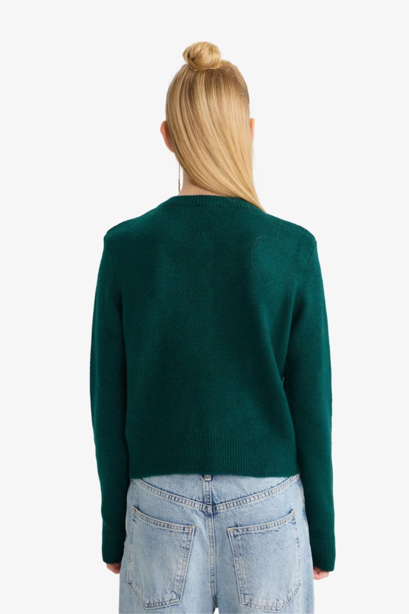 نساء أخضر جاكيت صوف سليم فيت بياخة مستديرة