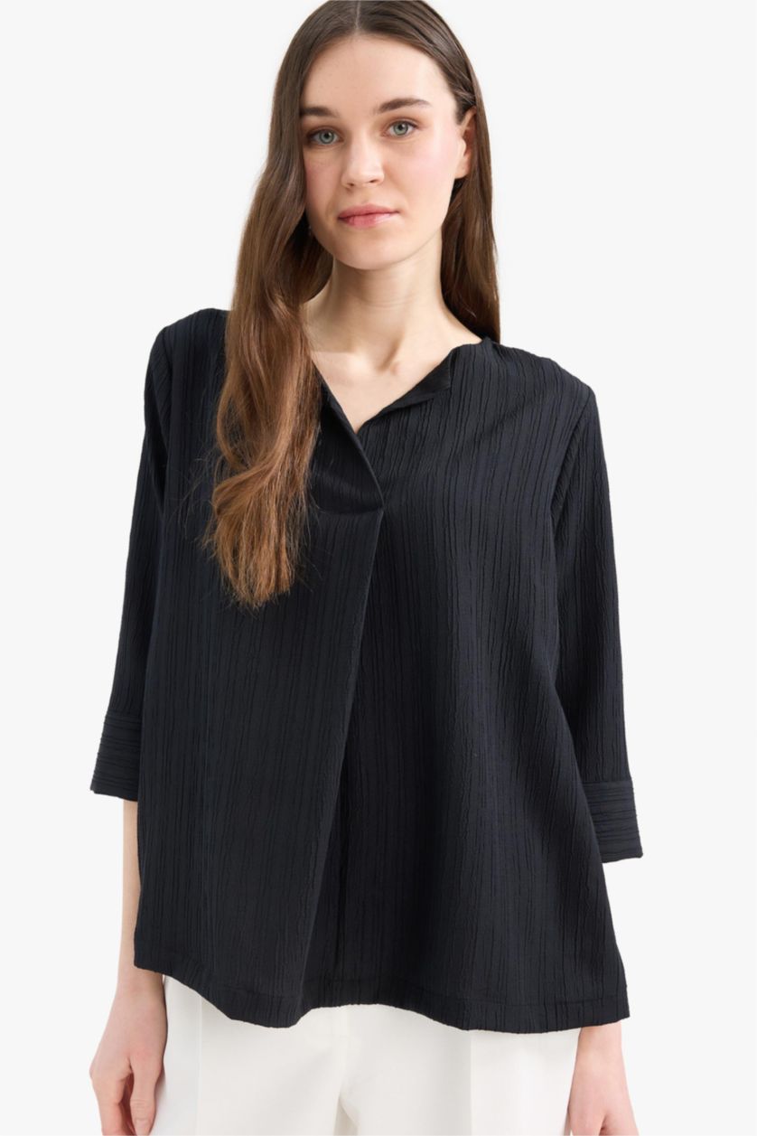 نساء أسود بلوزة ردن طويل قصة عادية بياقة القلاب