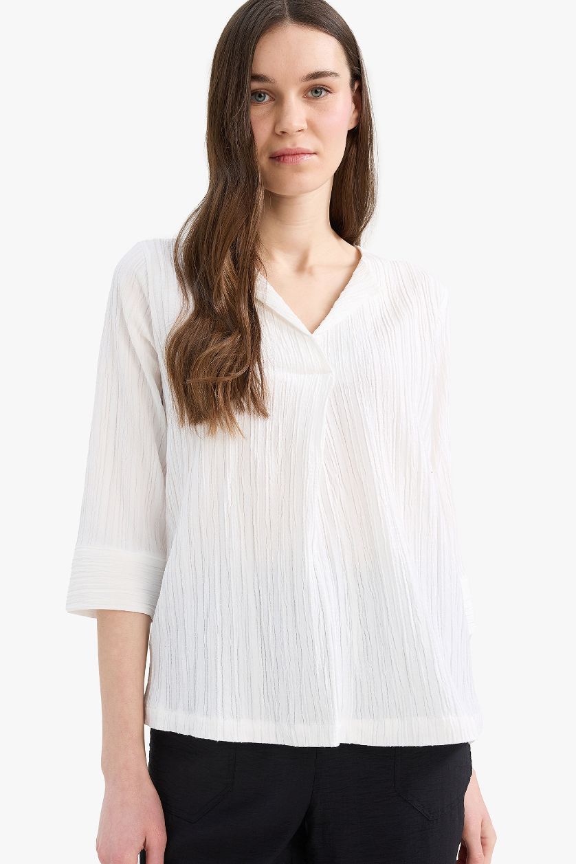 Woman Ecru Regular Fit Flap Collar Long Sleeve Blouse