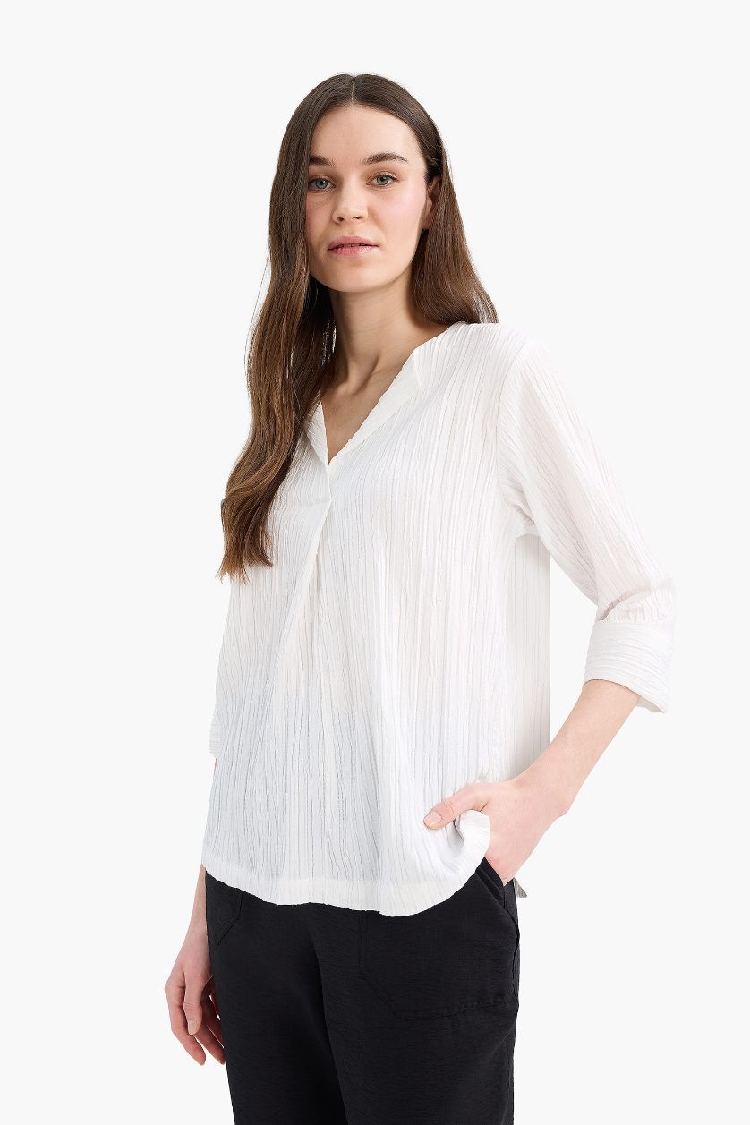 Woman Ecru Regular Fit Flap Collar Long Sleeve Blouse