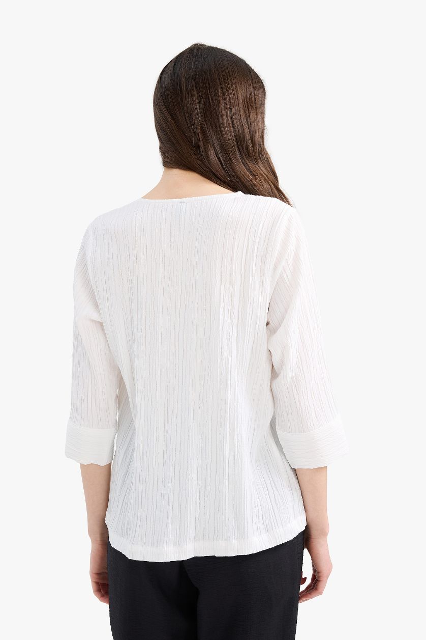 Woman Ecru Regular Fit Flap Collar Long Sleeve Blouse