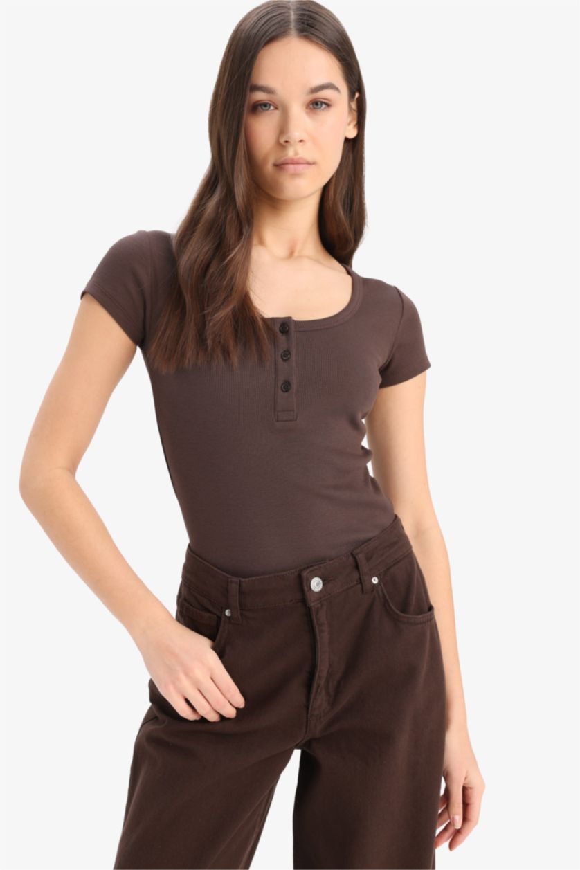 WOMAN Brown Ribbed Camisole Short Sleeve T-Shirt