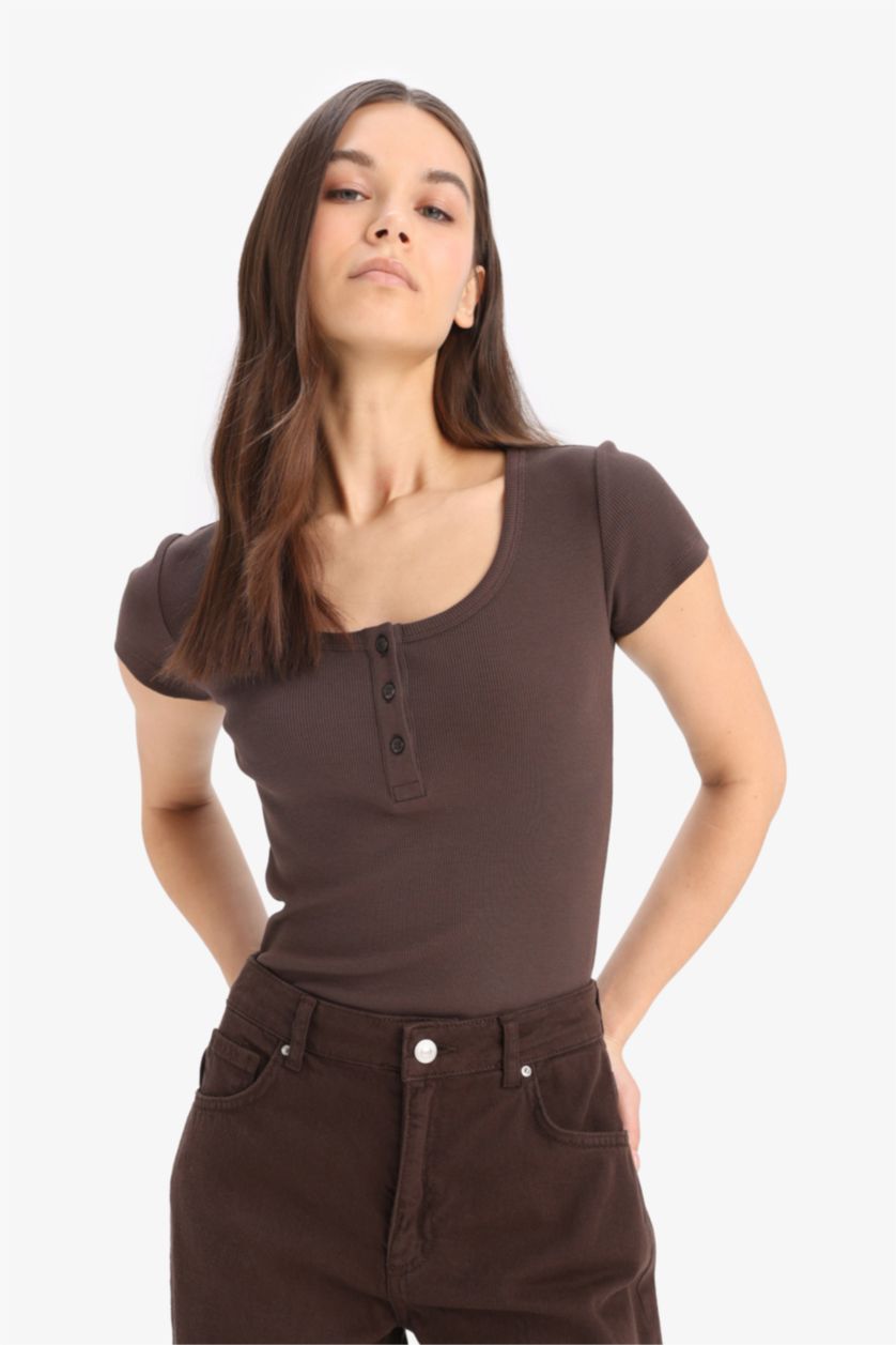 WOMAN Brown Ribbed Camisole Short Sleeve T-Shirt