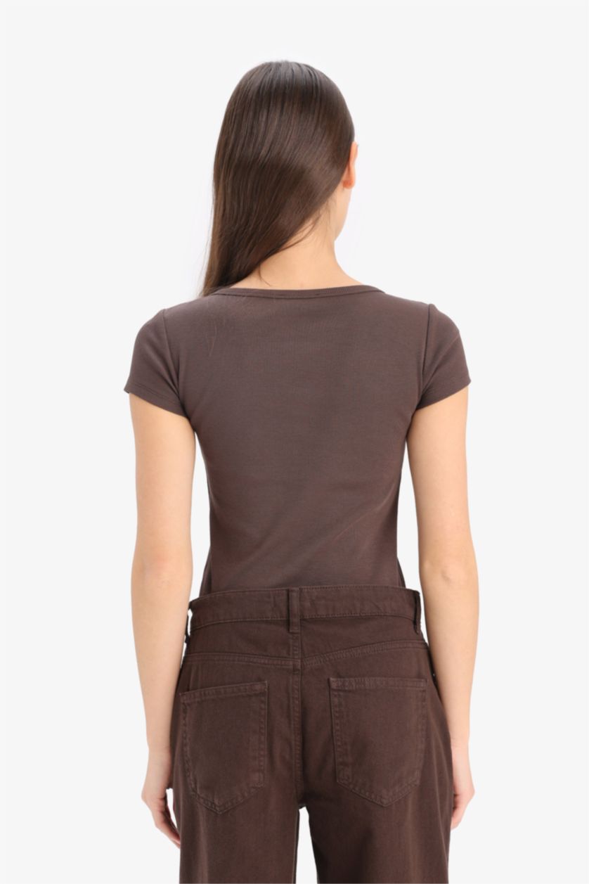 WOMAN Brown Ribbed Camisole Short Sleeve T-Shirt