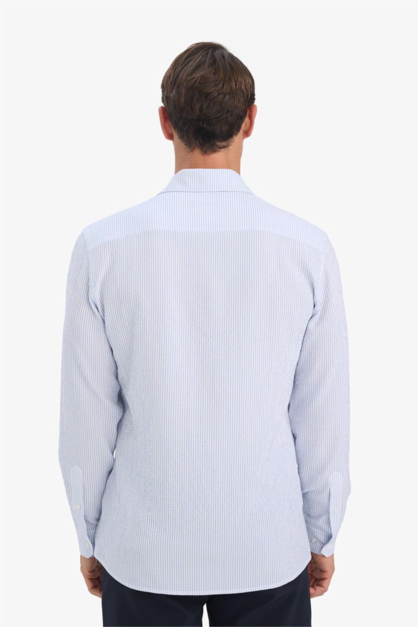 Ерлер Көк Современная посадка рубашка поло из кринкль с длинными рукавами