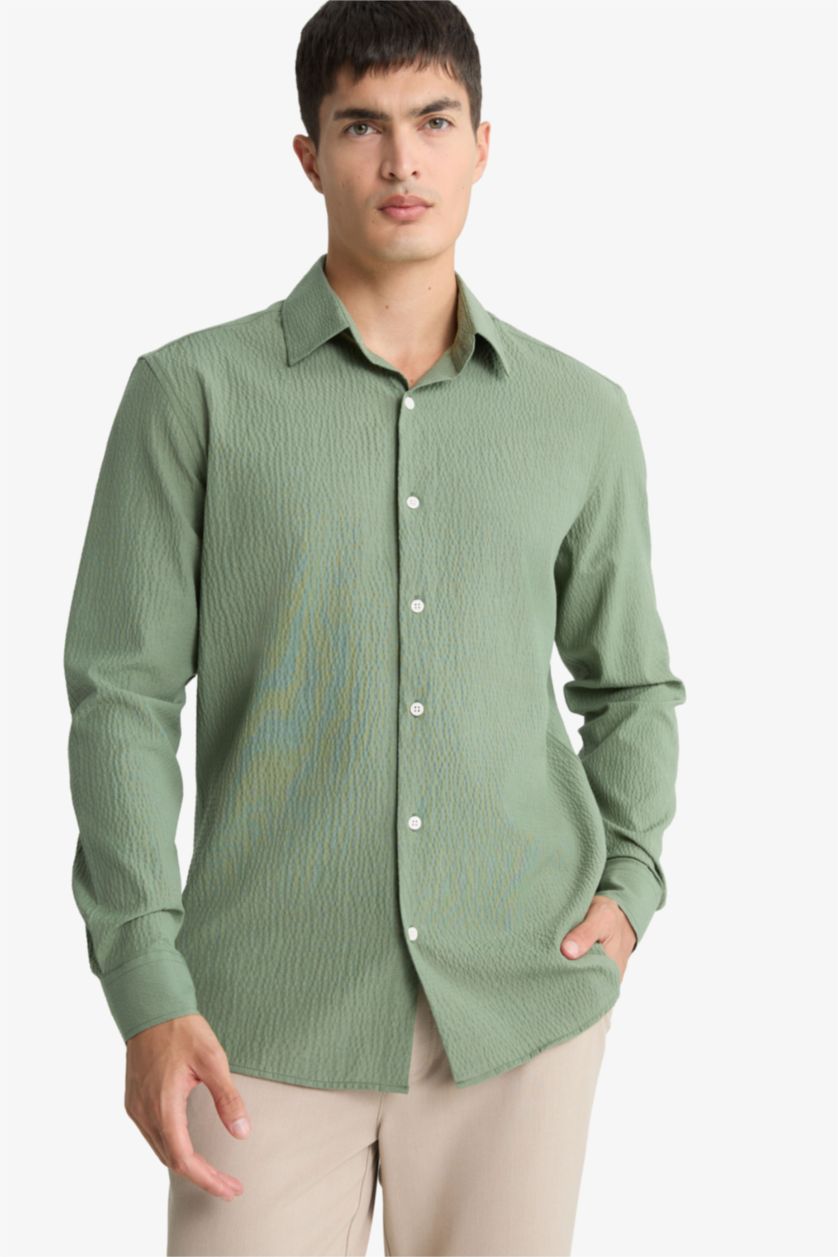 Man Light Khaki Modern Fit Polo Neck Crinkle Shirt