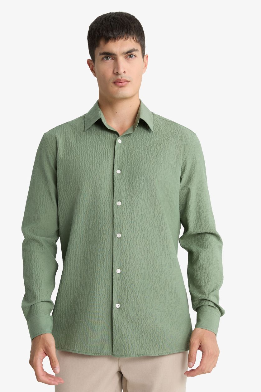 Man Light Khaki Modern Fit Polo Neck Crinkle Shirt