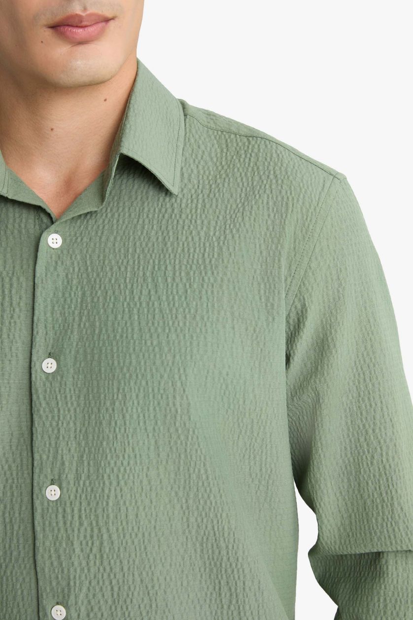 Man Light Khaki Modern Fit Polo Neck Crinkle Shirt