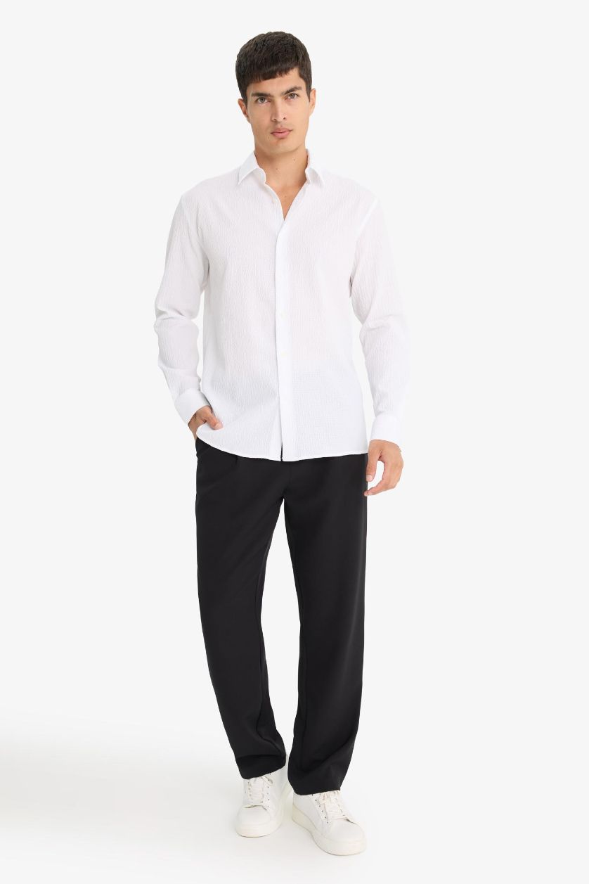 Man White Modern Fit Polo Neck Crinkle Long Sleeve Shirt