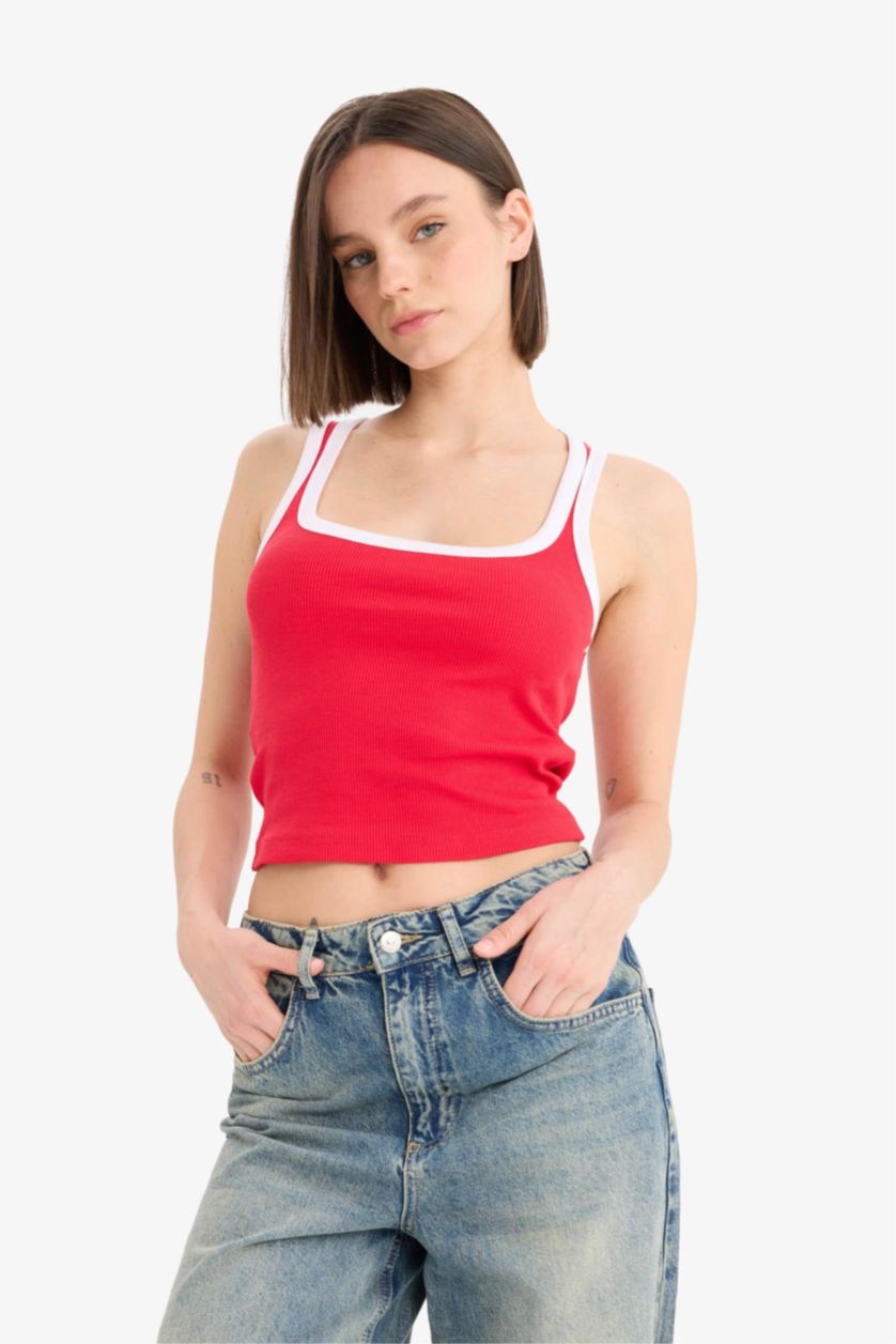 WOMAN Red تانك توب مضلع سليم فيت