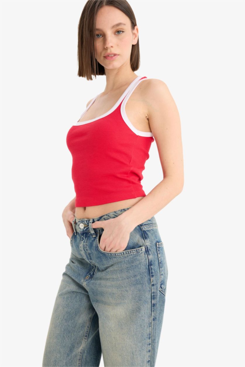 WOMAN Red تانك توب مضلع سليم فيت