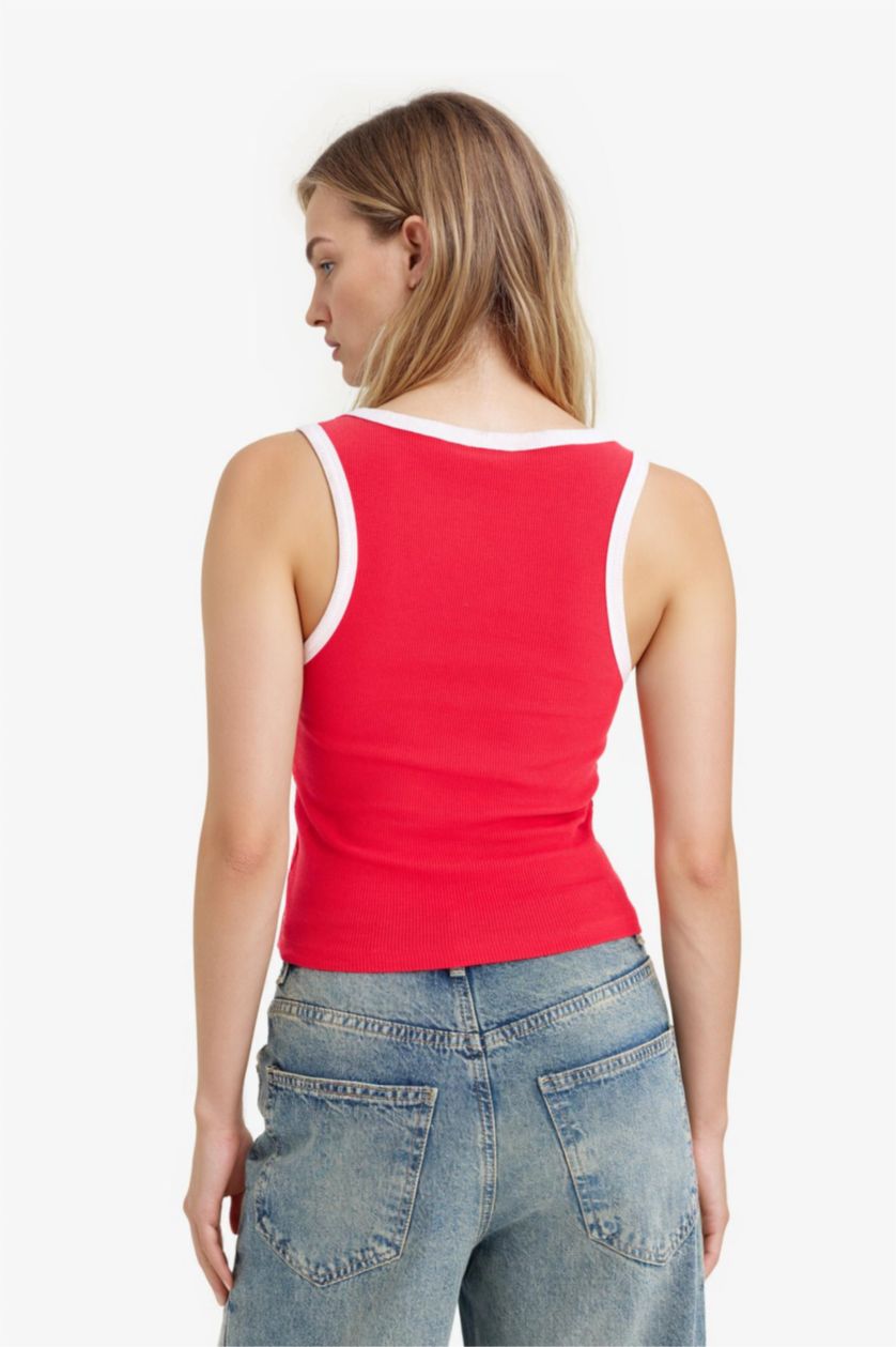 Kadın Kırmızı Fitted U Yaka Fitilli Kaşkorse Atlet