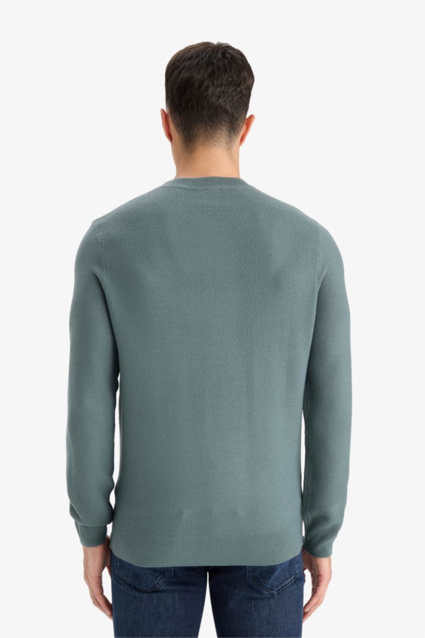 Мужчины Голубрй Трикотажный свитер стандартного кроя с круглым вырезом, текстурный